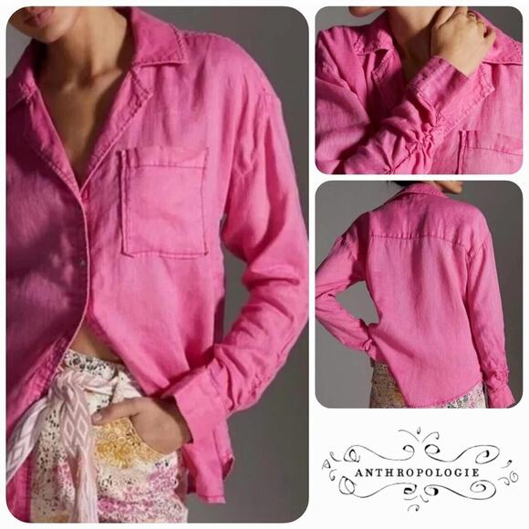 MAEVE by ANTHROPOLOGIE Oversize Linen Button-Up Shirt in Rose Pink - Picture 2 of 9